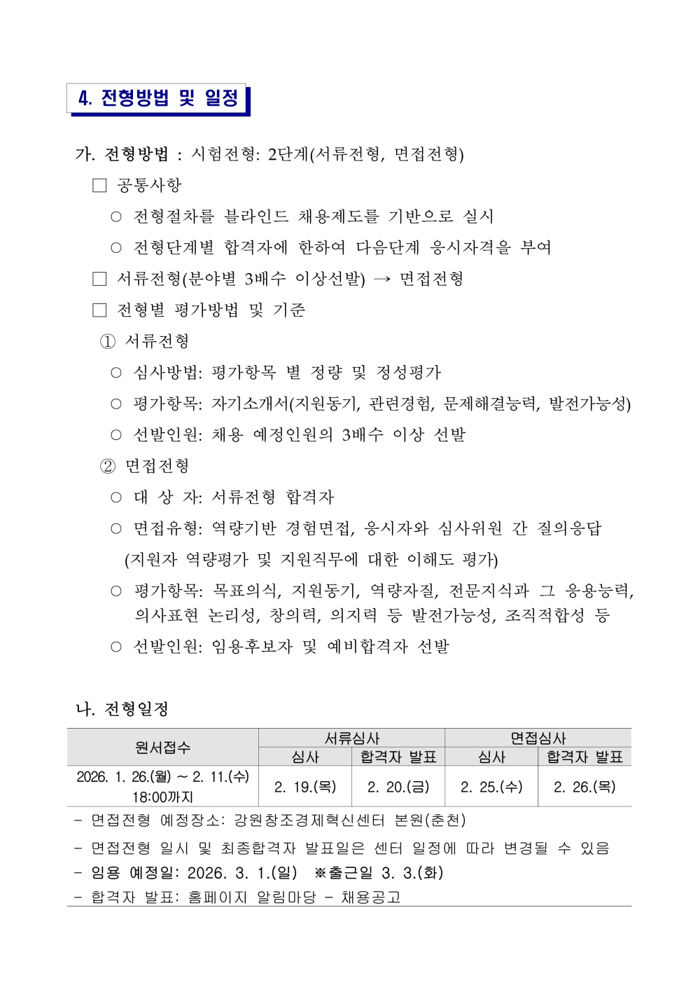 4. 전형방법 및 일정 가. 전형방법 : 시험전형: 2단계(서류전형, 면접전형) □ 공통사항 ○ 전형절차를 블라인드 채용제도를 기반으로 실시 ○ 전형단계별 합격자에 한하여 다음단계 응시자격을 부여 □ 서류전형(분야별 3배수 이상선발) &rarr; 면접전형 □ 전형별 평가방법 및 기준 ① 서류전형 ○ 심사방법: 평가항목 별 정량 및 정성평가 ○ 평가항목: 자기소개서(지원동기, 관련경험, 문제해결능력, 발전가능성) ○ 선발인원: 채용 예정인원의 3배수 이상 선발 ② 면접전형 ○ 대 상 자: 서류전형 합격자 ○ 면접유형: 역량기반 경험면접, 응시자와 심사위원 간 질의응답(지원자 역량평가 및 지원직무에 대한 이해도 평가) ○ 평가항목: 목표의식, 지원동기, 역량자질, 전문지식과 그 응용능력, 의사표현 논리성, 창의력, 의지력 등 발전가능성, 조직적합성 등○ 선발인원: 임용후보자 및 예비합격자 선발 나. 전형일정 원서접수 서류심사 면접심사 심사 합격자 발표 심사 합격자 발표2026. 1. 26.(월) ~ 2. 11.(수) 18:00까지 2. 19.(목) 2. 20.(금) 2. 25.(수) 2. 26.(목) - 면접전형 예정장소: 강원창조경제혁신센터 본원(춘천) - 면접전형 일시 및 최종합격자 발표일은 센터 일정에 따라 변경될 수 있음 - 임용 예정일: 2026. 3. 1.(일) ※출근일 3. 3.(화) - 합격자 발표: 홈페이지 알림마당 &ndash; 채용공고
